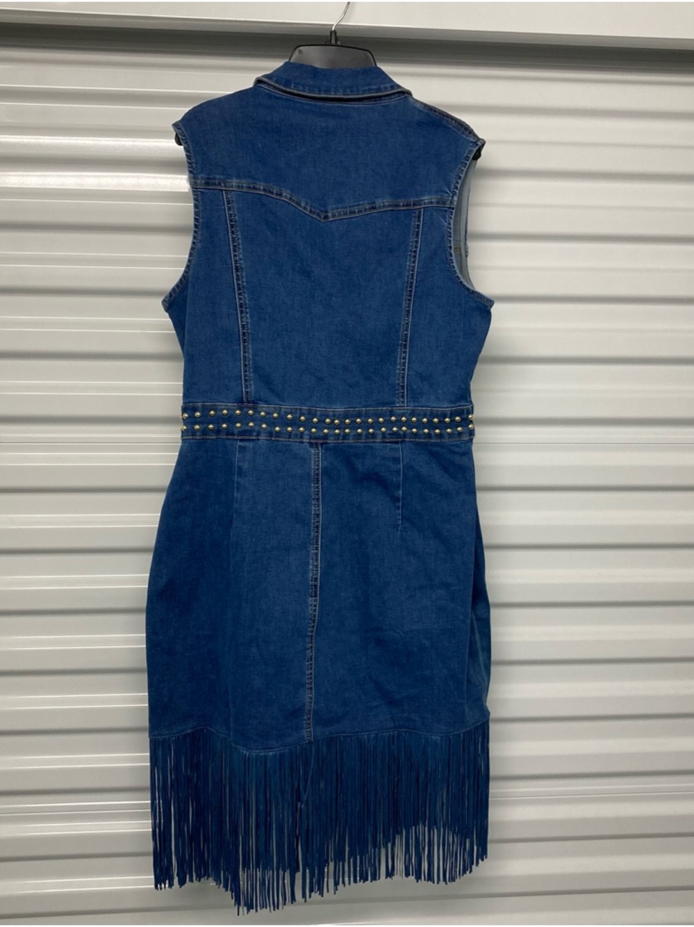 Dark Blue Denim Sleeveless Mini Dress with Fringe and Stud Waist - Picture 9 of 12
